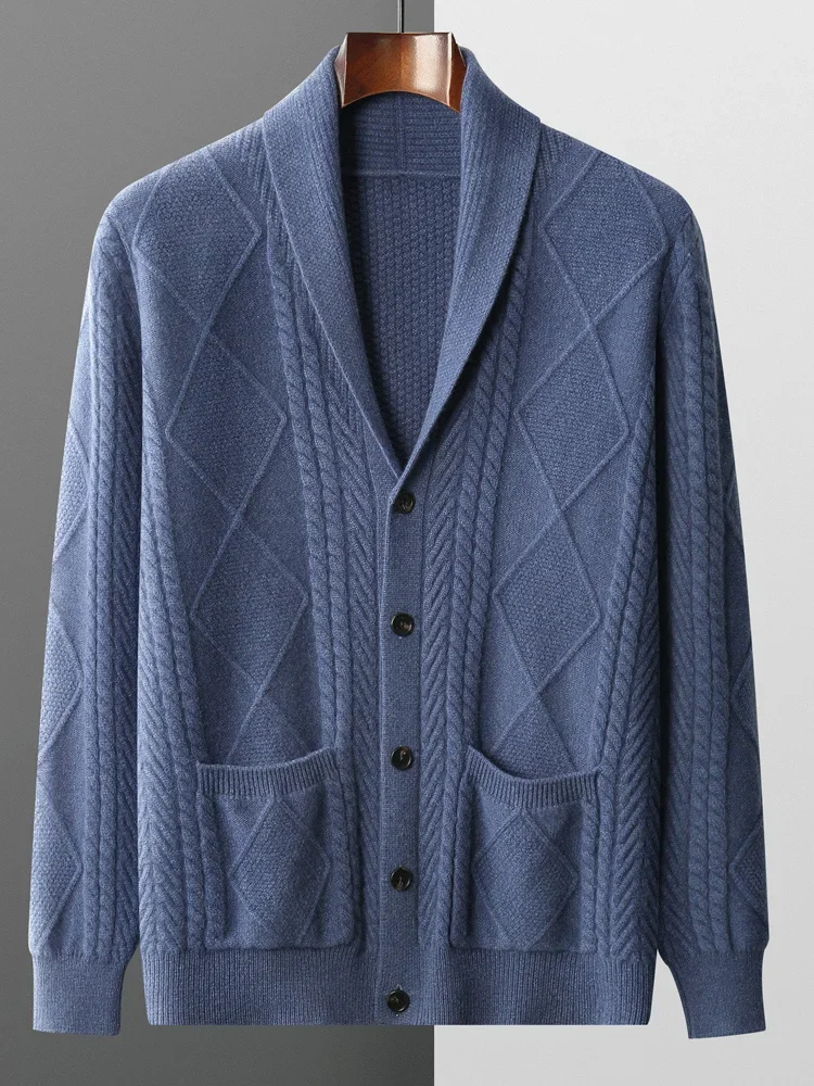 Cardigan Sweater 100% Merino Wool Clothes Autumn Winter Men's Cashmere Sweatercoat Turn-Down Collar Vintage Thicked Warm Knitted