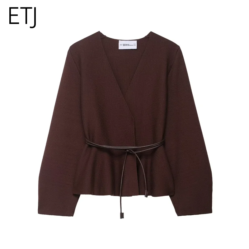 

ETJ 2025 Autumn/Winter new women's knitwear cardigan fashion belt V-neck long-sleeved knitwear coat