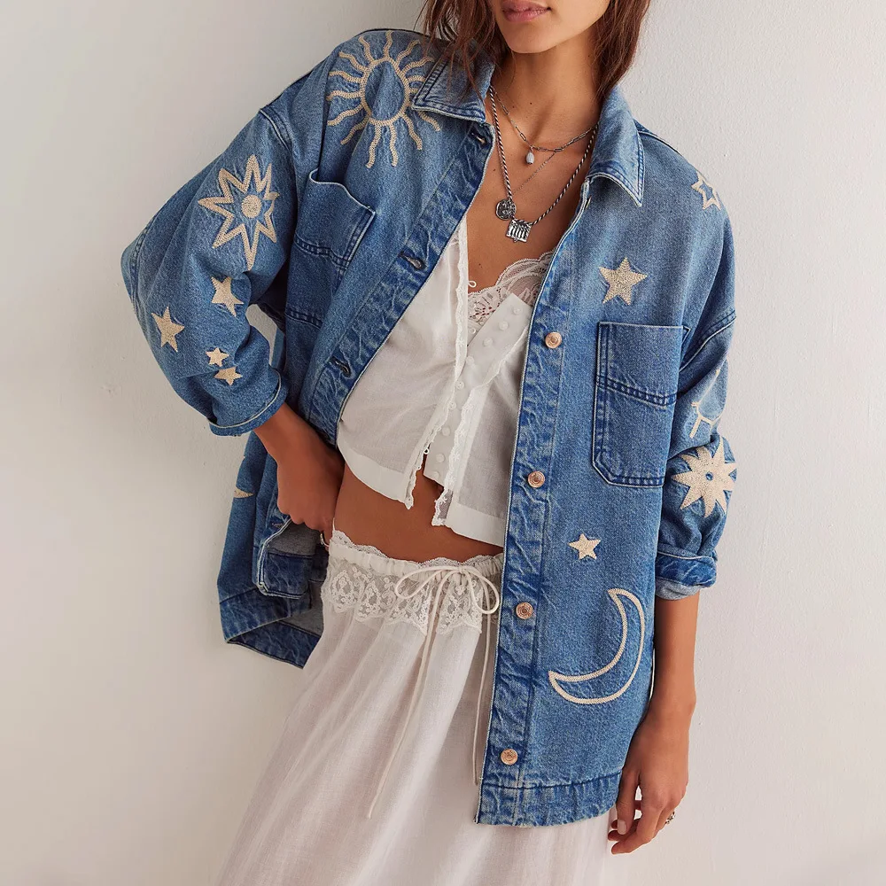 Denim Blue Cotton Embroidery Coat Women Winter Jacket Vintage Loose Long Sleeve Oversize Pocket Autumn Jackets Boho Tops Outwear