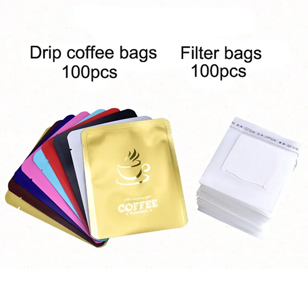 100pcs Heat Seal Mini Aluminum Foil Pouch 3 Sides Sealing Zip Bags for Drip Coffee Sachet Packing with White Filter