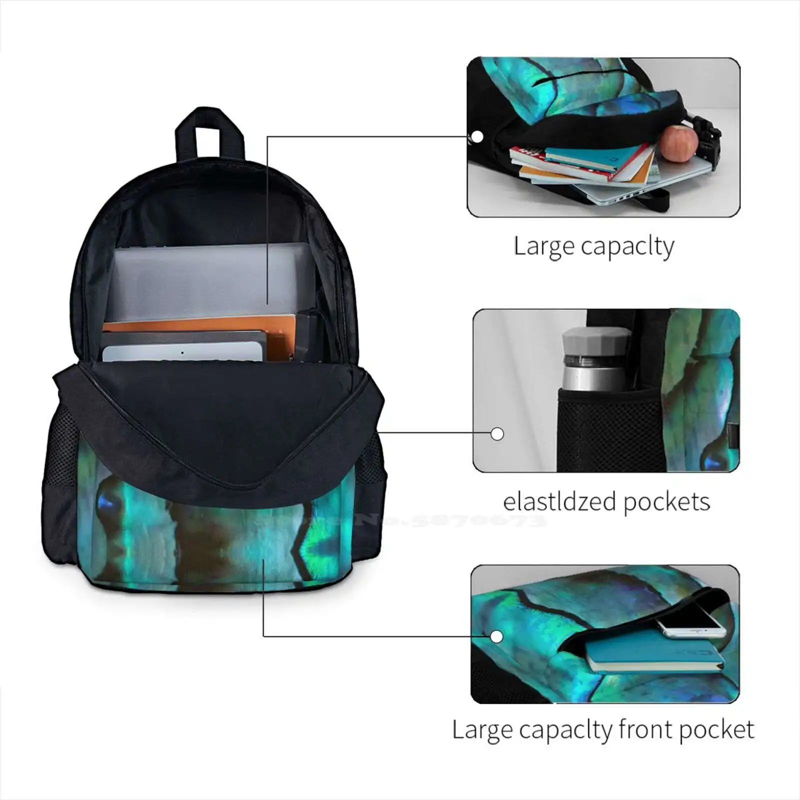 Iridescent Teal Abalone Shell. Flashy Teal Close Up Photography Bag Backpack For Men Women Girls Teenage Teal Shell Abalone