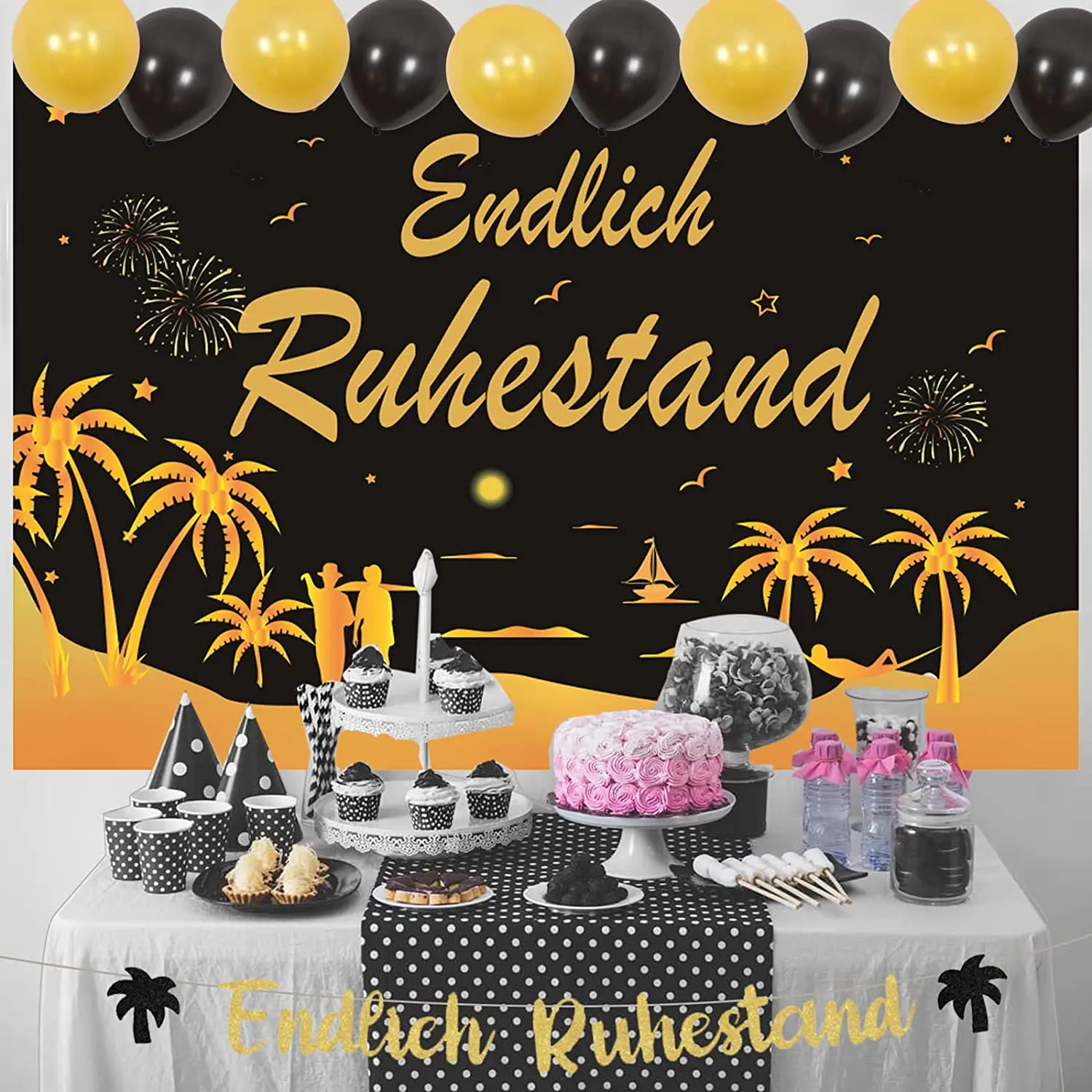 

German Black Gold Retirement Theme Endlich Ruhestand Banner Sash Balloons Backdrop for Happy Retirement Decorations Men Women