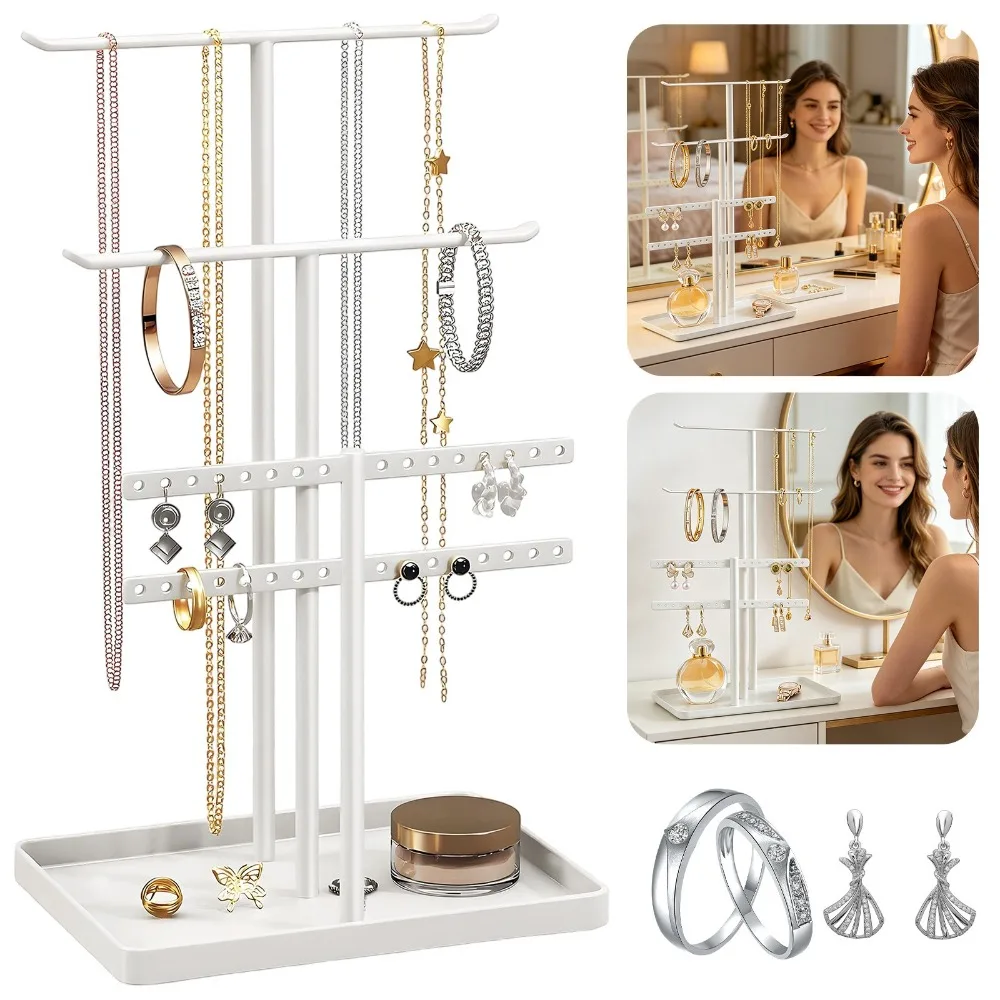 Schmuckständer-Organizer aus stabilem Metall, 3-stufiger Schmuckhalter für Halsketten, Ohrringe, Armbänder, Ringe, Aufhänger zur Präsentation und Aufbewahrung, ästhetisch 20,7*12,9*32cm