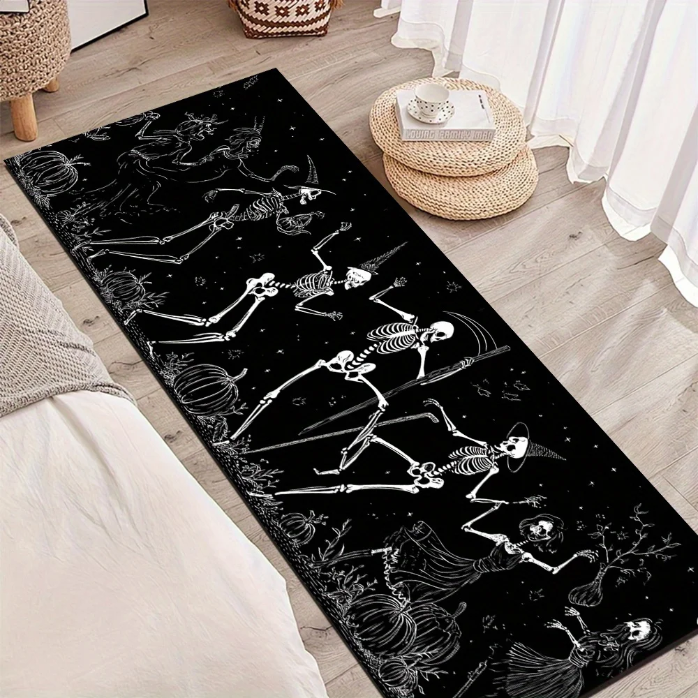 Solid Black Background White Dancing Skeleton Witch Pumpkin Halloween Runner Rug, non-slip mat for bedroom entryway hall aisle