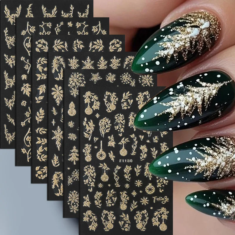 1pc 3D Oro Glitter Adesivi Per Unghie Di Natale Lucido Fiocco di Neve Albero di Natale Cursori Autoadesivi Inverno Capodanno Unghie artistiche adesivi