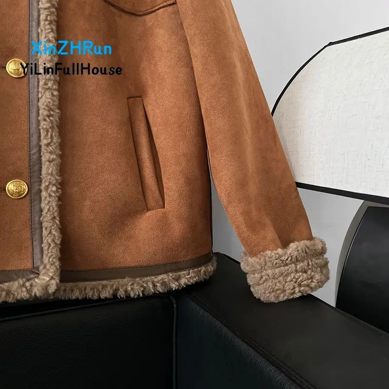 Winter New Women's Round Neck Single Breasted Lamb Wool Splicing Coat Small Fragrant Style Deer Skin Velvet Loose Fur One Piece