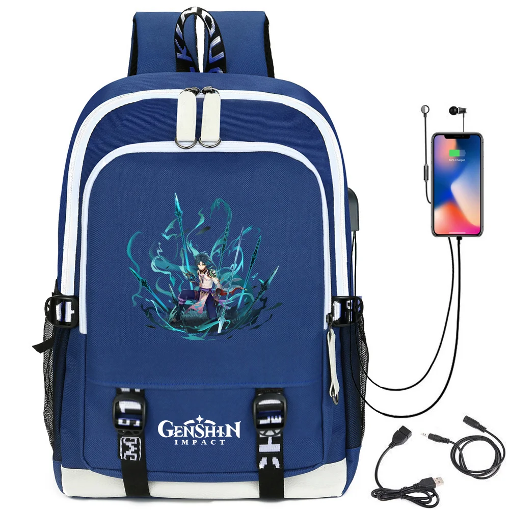 Venti mochila com porta de carregamento usb bonito genshin impacto xiao cosplay bookbag para meninos meninas presente escola mochila