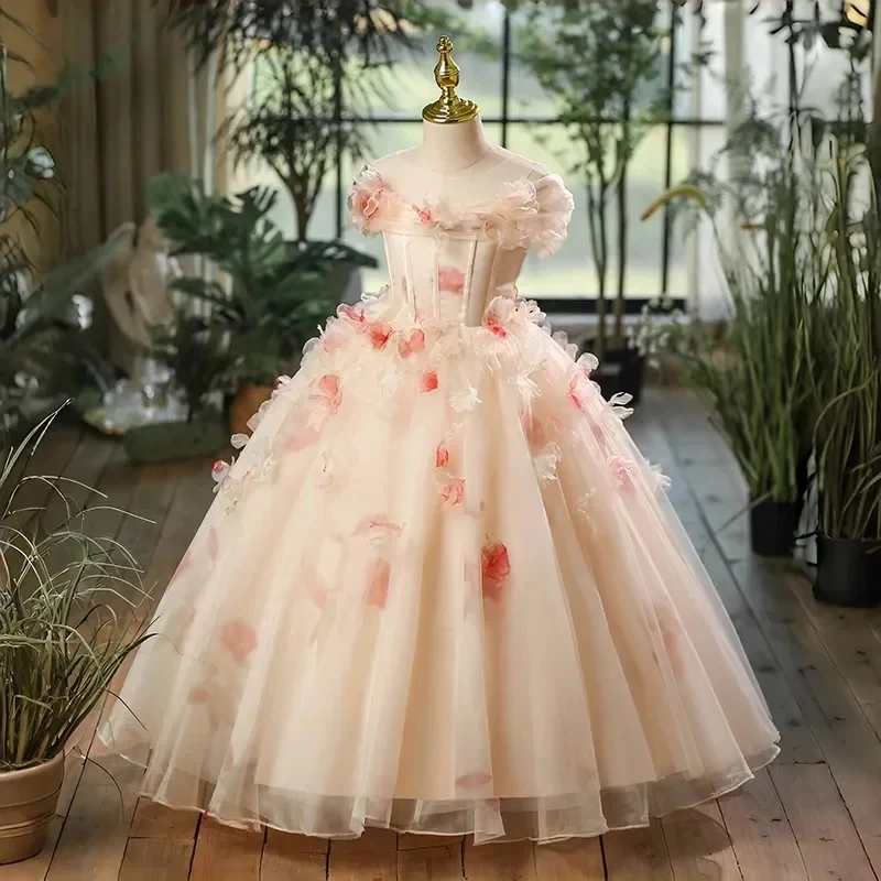 

Customized Flower Girl Dress For Wedding Appliques Short Sleeve Floor Length High Waist Kids Birthday First Communion Gown