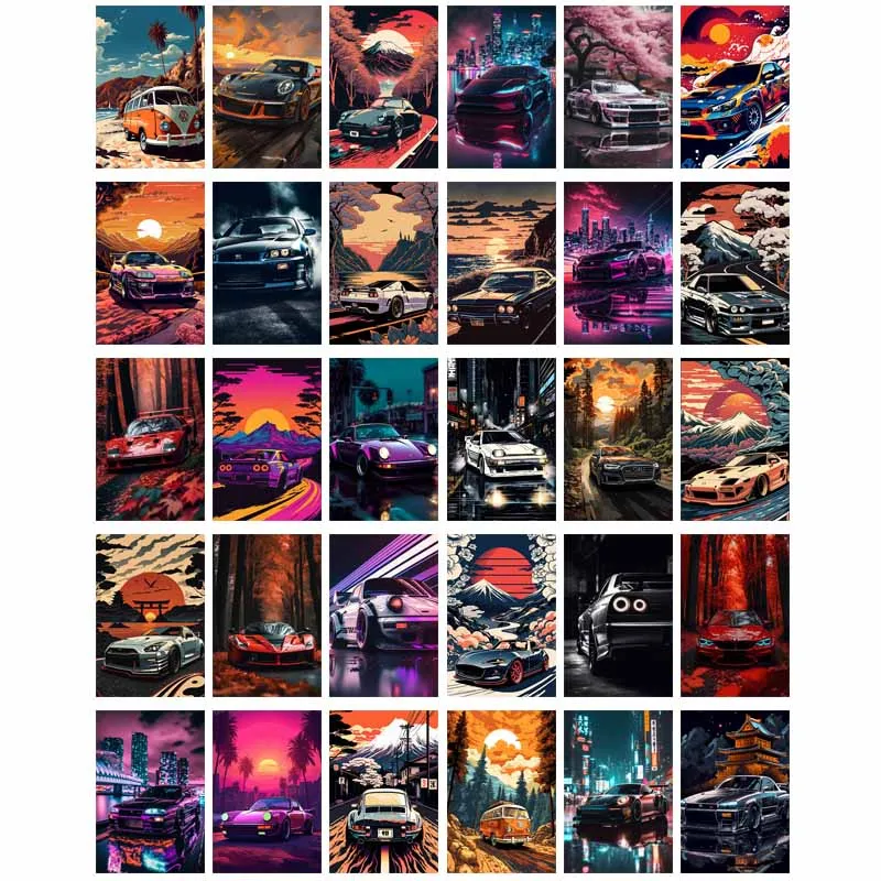 30pcs Retro Trending Cars Postcards Series Teens Gift Living Room Decor Cards Wall Collage Kit Prints Student Bedroom Decoration