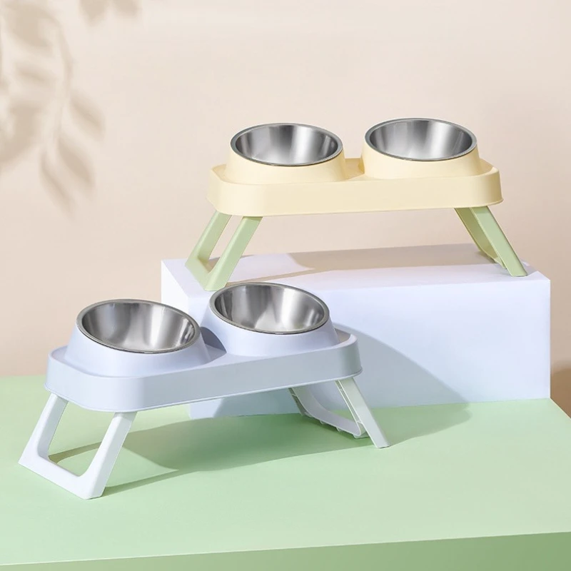 ​​15° Elevated Pet Feeder: Portable Foldable Dual Stainless Steel Bowls with Non-Slip Base - Neck Support for Cats and Dogs​