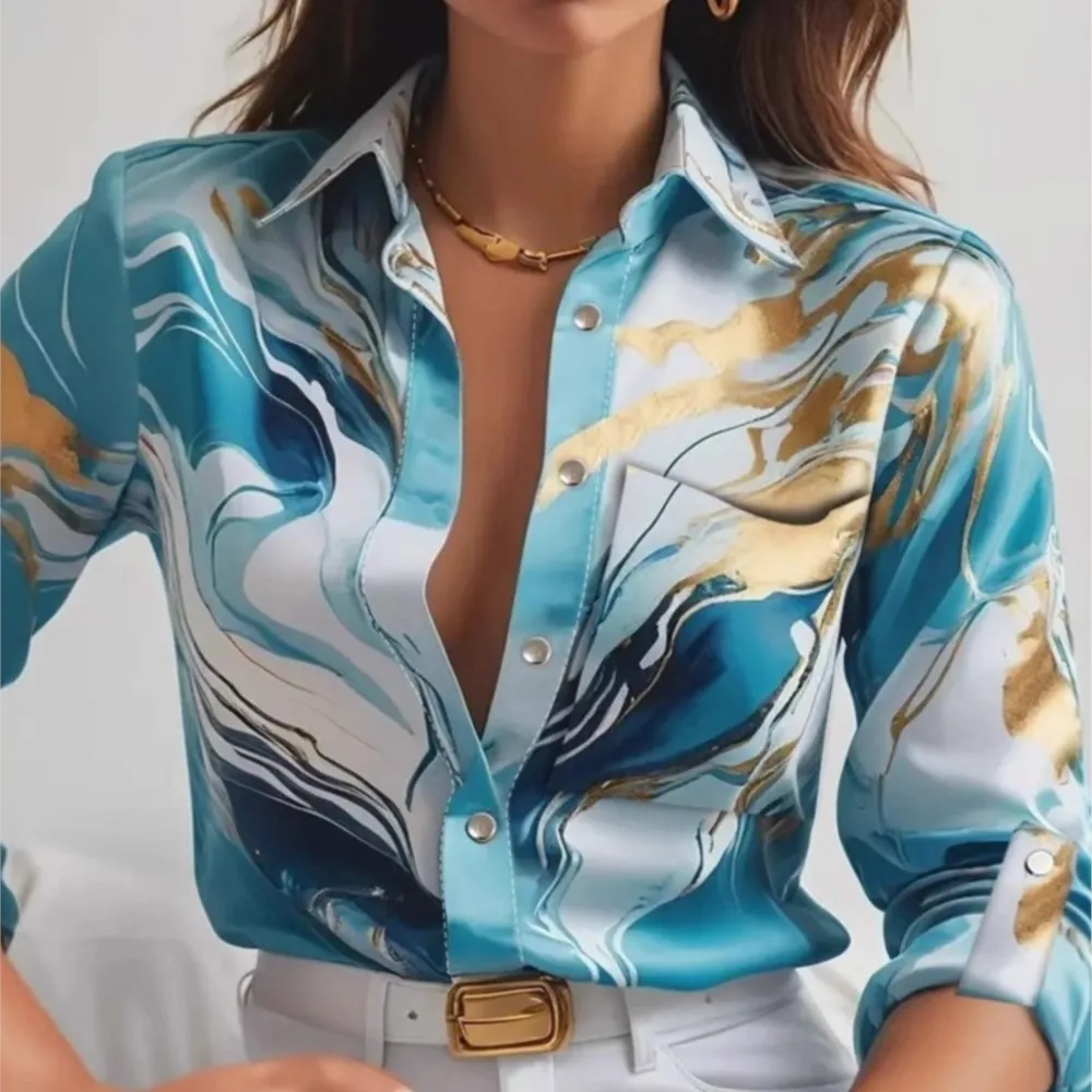 

Women's Spring Summer New Fashionable Printed Casual Loose Button Long Sleeve With Pocket Single Breasted Shirt