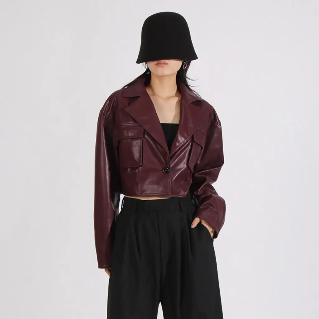 Elegant Lady Style High-End Design Leather Jacket for Women European American Autum New Suit Collar Splicing Flap Pocket Pants