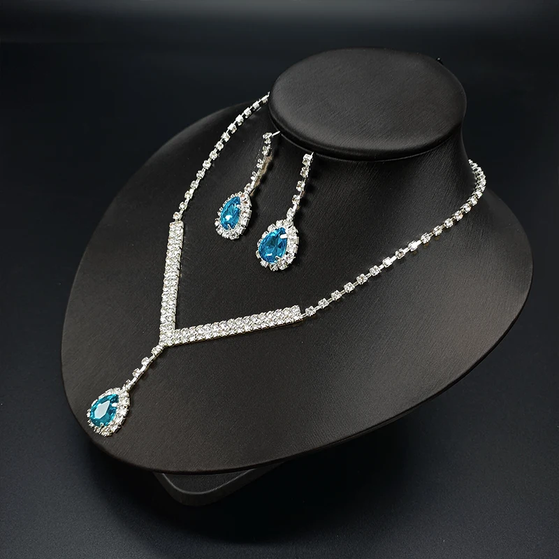 Fashion Romantic Blue Crystal Jewelry Set Wedding Banquet Birthday Accessories Women Elegant Luxury Jewelry Necklace Earring Set