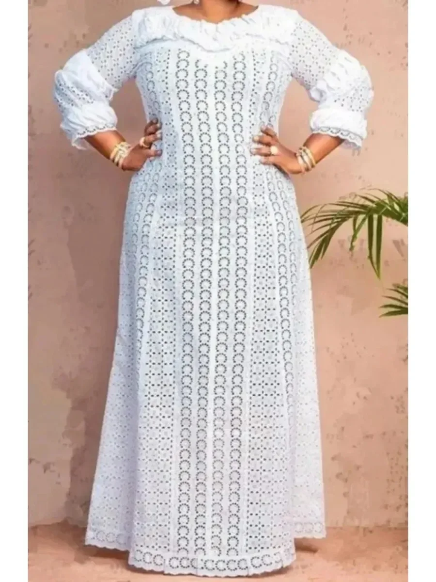 Elegant African Elegant Dresses for Women White Hollow Out 2024 Muslim Fashion Abayas Dashiki Robe Kaftan Long Maxi Dress M-5XL