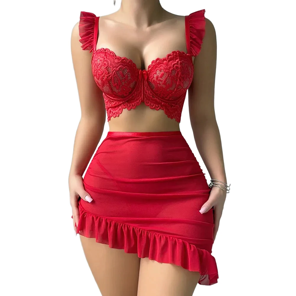 

Mesh Lingerie Set for Women Includes See Through Lace Bra and Slim Skirt Comfortable Sleepwear Suitable for Various Seasons