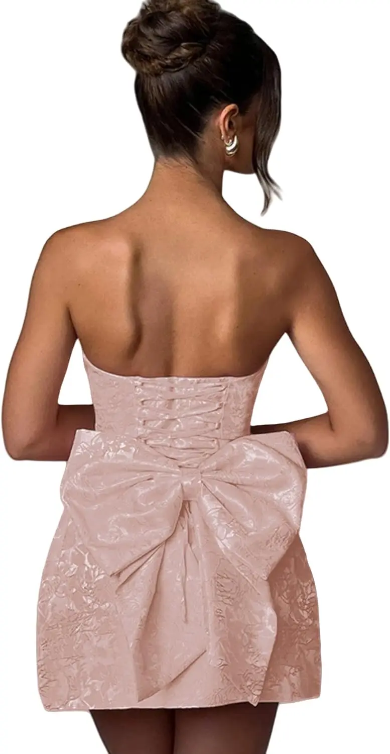 

Жаккардовое атласное платье обратно в школу, элегантное мини-платье без бретелек с галстуком-бабочкой, короткая юбка трапециевидной формы, бальное коктейльное платье