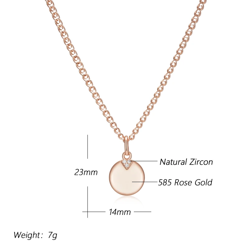 Kinel Hot 585 Rose Gold Color Round Coin Pendant Necklaces for Women Simple Natural Zircon Glossy Pendant Daily Fine Jewelry