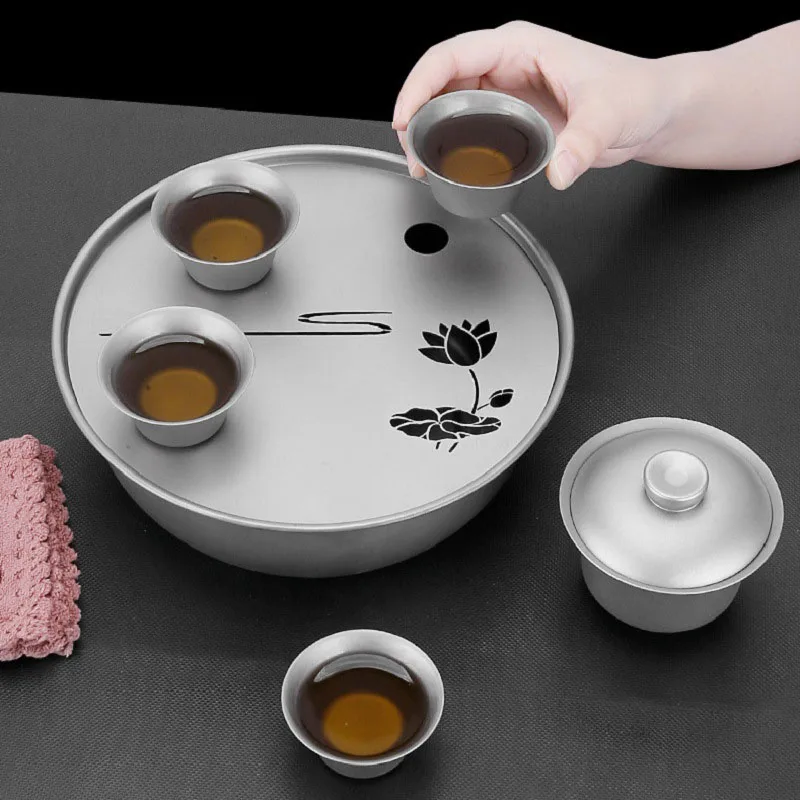 Round Large-capacity Pure Titanium Tea Tray with Patterns for Home,Camping,Travel,Chinese Style,Sandblasted,Lightweight Tea Set