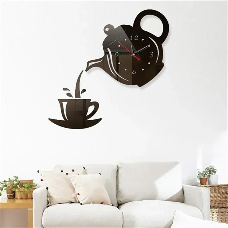 1pc Sticker Clock 3D Coffee Cup Teapot Self Adhesive Acrylic Mirror Clock Wall Stickers For Home Living Room Decor