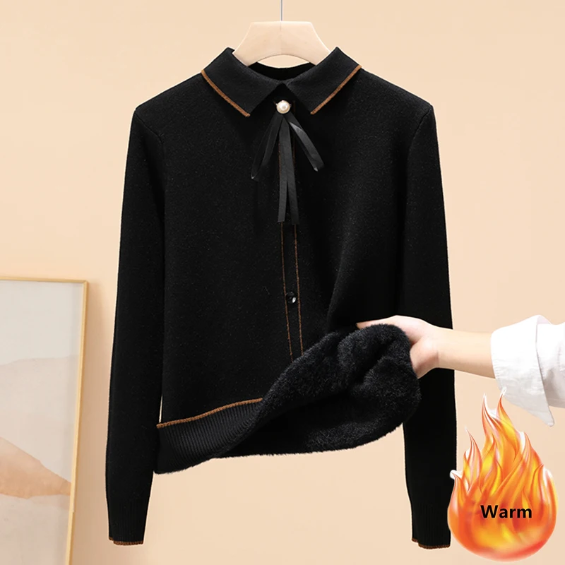 New Winter Thicken Polo Collar Knitted Sweaters Womens Plus Velvet Korean Sweet Casual Pullover Sueter Warm Slim Crochet Jumpers