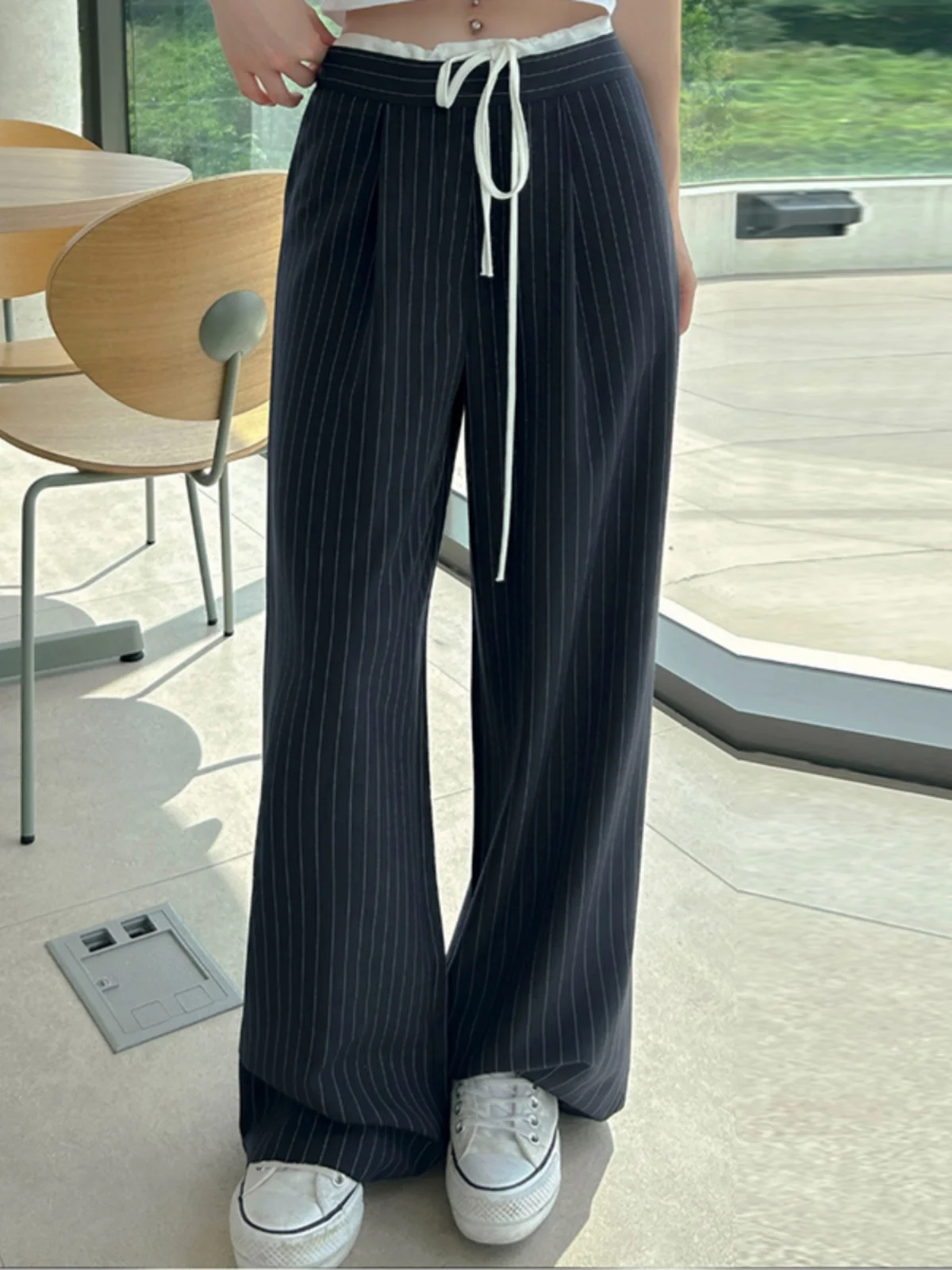 여성용 바지 여성복 캐주얼 팬츠 통근 스타일 고급 한국 스타일 얇은 가을 신상 디자인 감각 컬러 블록 탄력 허리 스트링 스트라이프 캐주얼 바지 정장 바지 트렌디 바지
