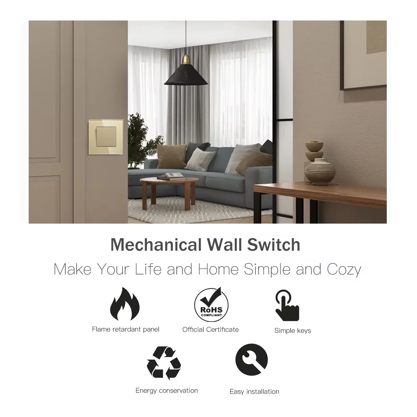 BSEED 1/2/3Gang Mechanical Wall Light Switch 1Way With Power Sockets USB Type-c Charging Ports EU Standard Glass Panel Gold