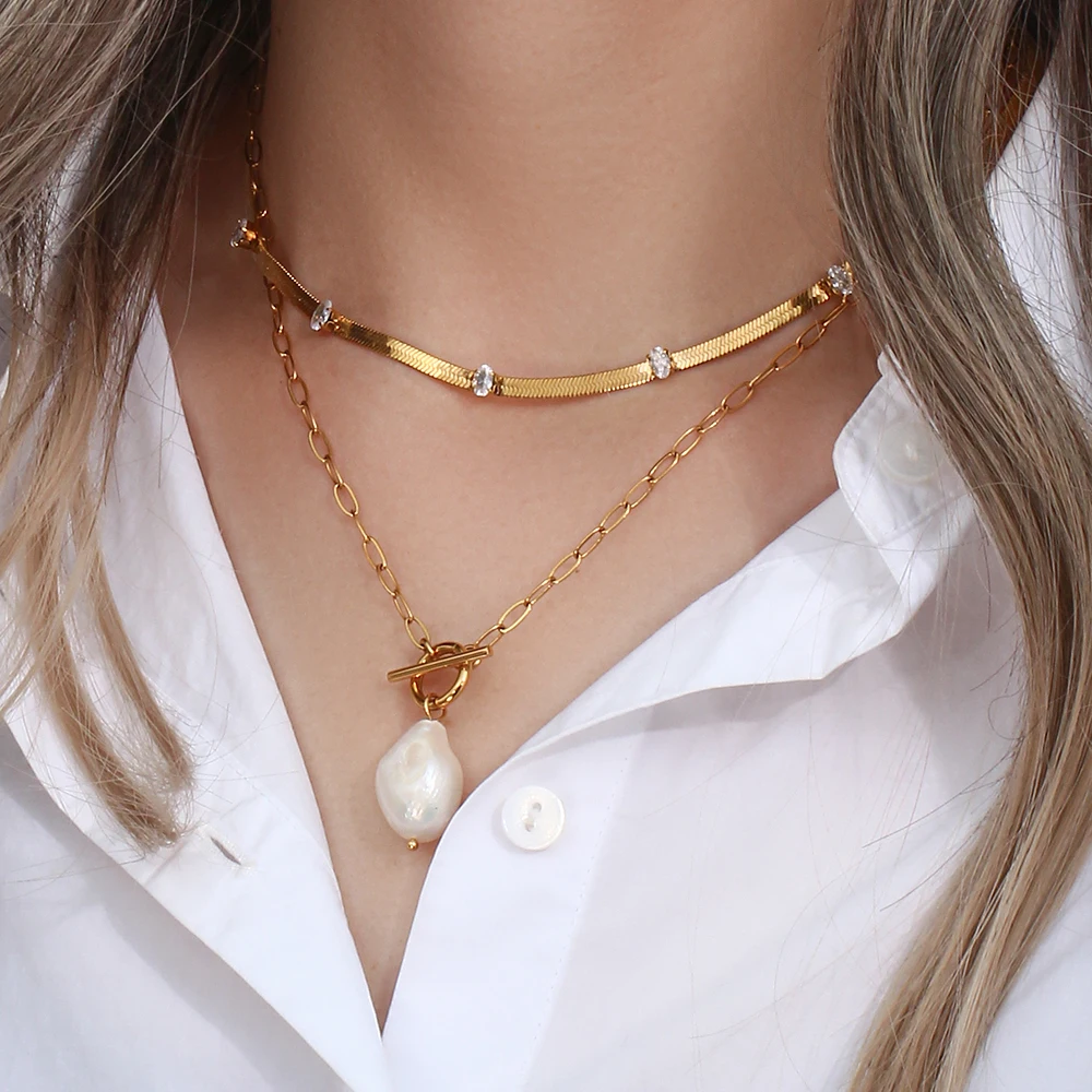 E.B.belle Design Elegant Oval Square Zircon Stone Herringbone Chain Choker Necklace Stainless Steel 18K Gold Plated Jewelry
