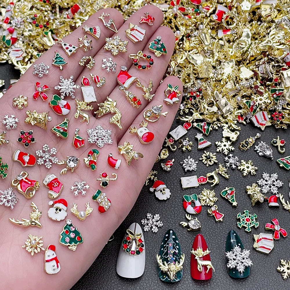 Christmas Nail Art Alloy Ornaments New Year Snowflakes Santa Claus Bells Reindeer 3D DIY Nail Decorations