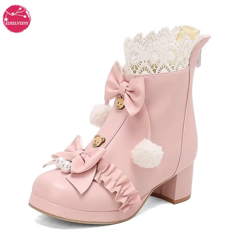 

Women Cute Sweet Lolita Kawaii Platform Boots Lace Up Chunky Heel Ankle Boots with Bow Character Cosplay Winter Shoes Plus Size