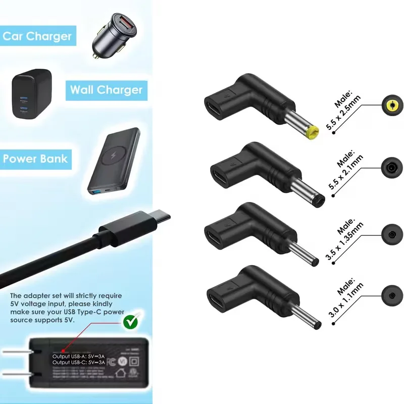 4pcs 90 Degree Angled USB C to DC 5V PD Charging Adapter Plug for Laptop、Router、Mobile Power Supply Charger Connector