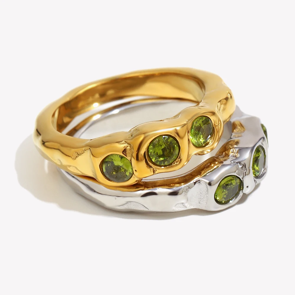 E.B.belle New Vintage Style Three Green Zircon Ring PVD Plated 316L Stainless Steel Simple Women Statement Finger Chic Jewelry