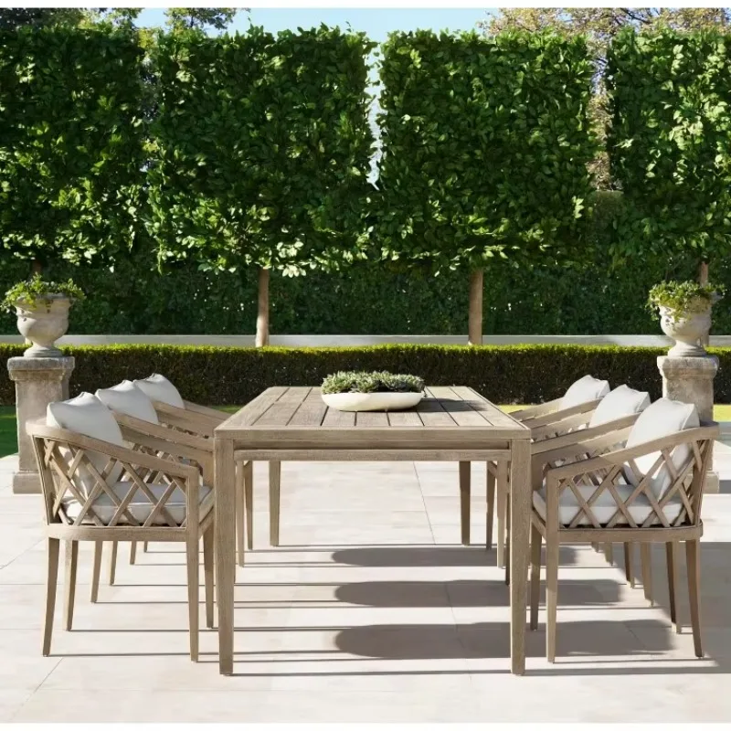 Outdoor courtyard teak furniture handmade, multi-step veneer solid teak dining table set 6 seats