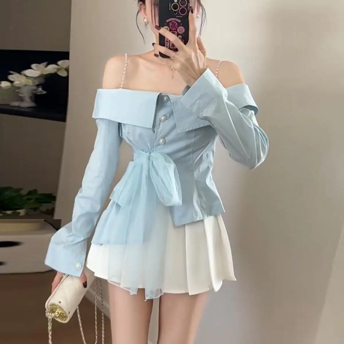 

Off-shoulder Mesh Streamer Shirt Female Hot Girl Niche Temperament Slim and Versatile Suspender Top