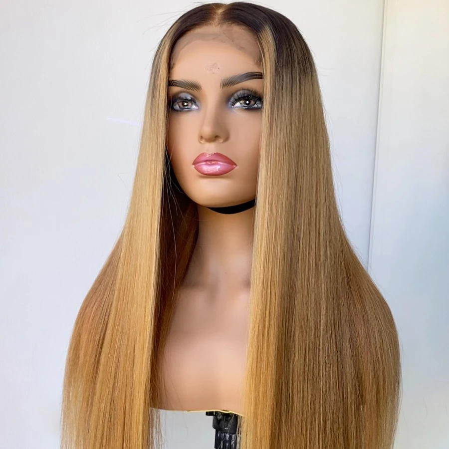 Long Ombre mel loira reta peruca dianteira do laço para mulheres negras, cabelo macio do bebê, pré-arrancado, resistente ao calor, glueless, 180 densidade, 26"