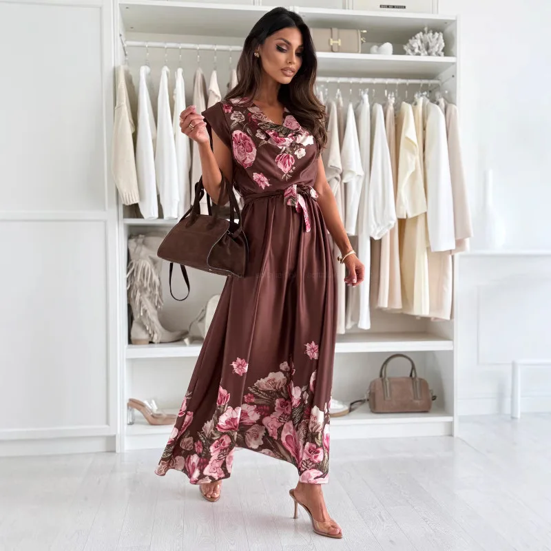 Leisure And Loose Fitting 2025 summer Fashionable Flower Print Color Blocking Short V-neck Sleeved Women's Elegant Dresses