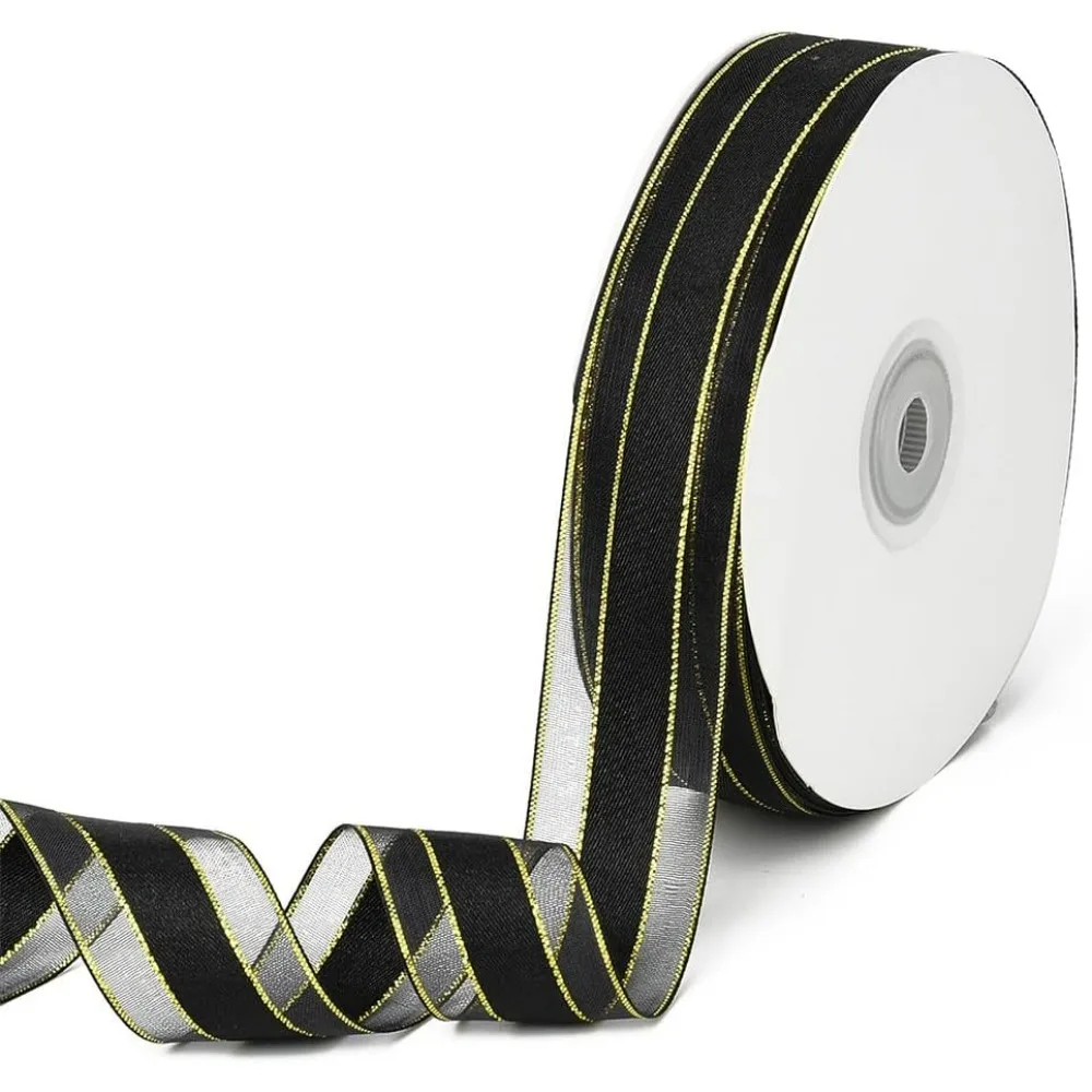 50 Yards 1 Inch Black Organza Ribbon Gold Edge Ribbon Sheer Transparent Soft Clear Shimmer Smooth Mesh Voile Fabric Nylon Ribbon