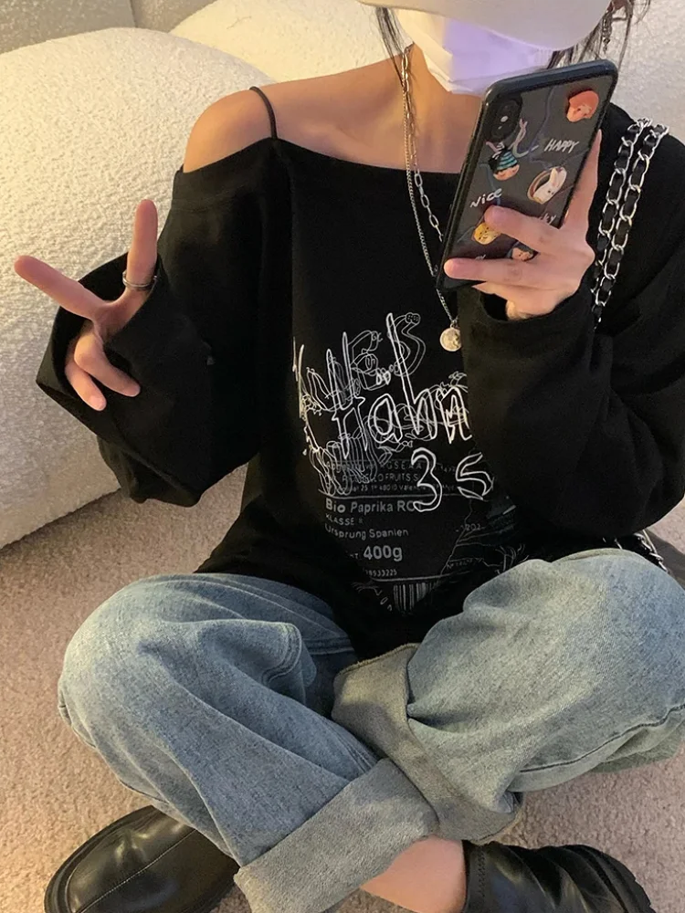 T-shirt Fairy Grunge Letter Print Tops Black Autumn Off Shoulder Long Sleeved Korean Tee Loose Harajuku Baggy Shirts Woman Y2K