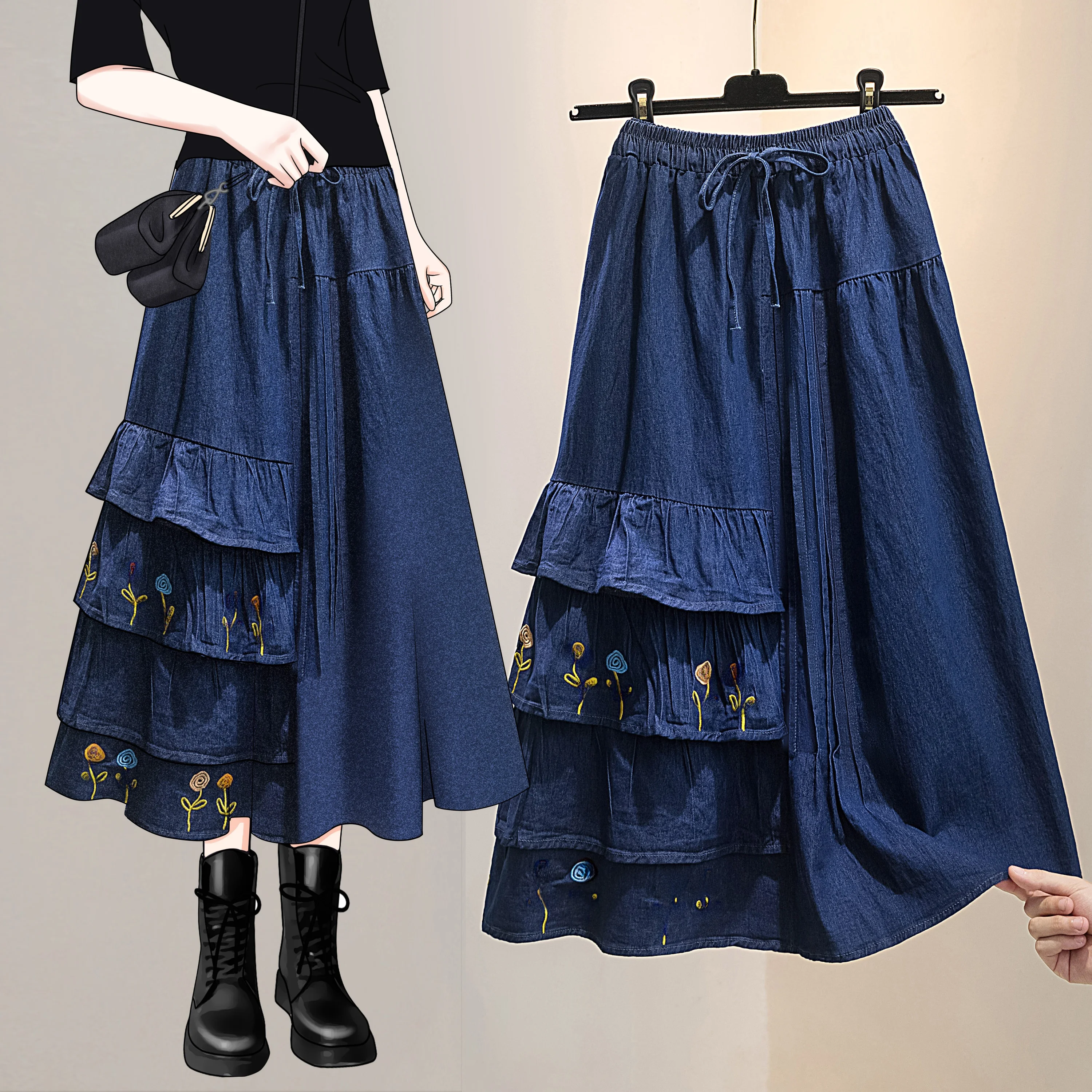 

Элегантная женская джинсовая юбка А-силуэта с вышивкой и пэчворком, новинка весна-осень, для повседневной носки, художественный стиль, средняя талия