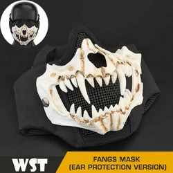 Airsoft Face Mask with Steel Mesh Earmuffs Fangs Mask Outdoor Cycling Breathable Half Mask Halloween Vampire Teeth Horror Props