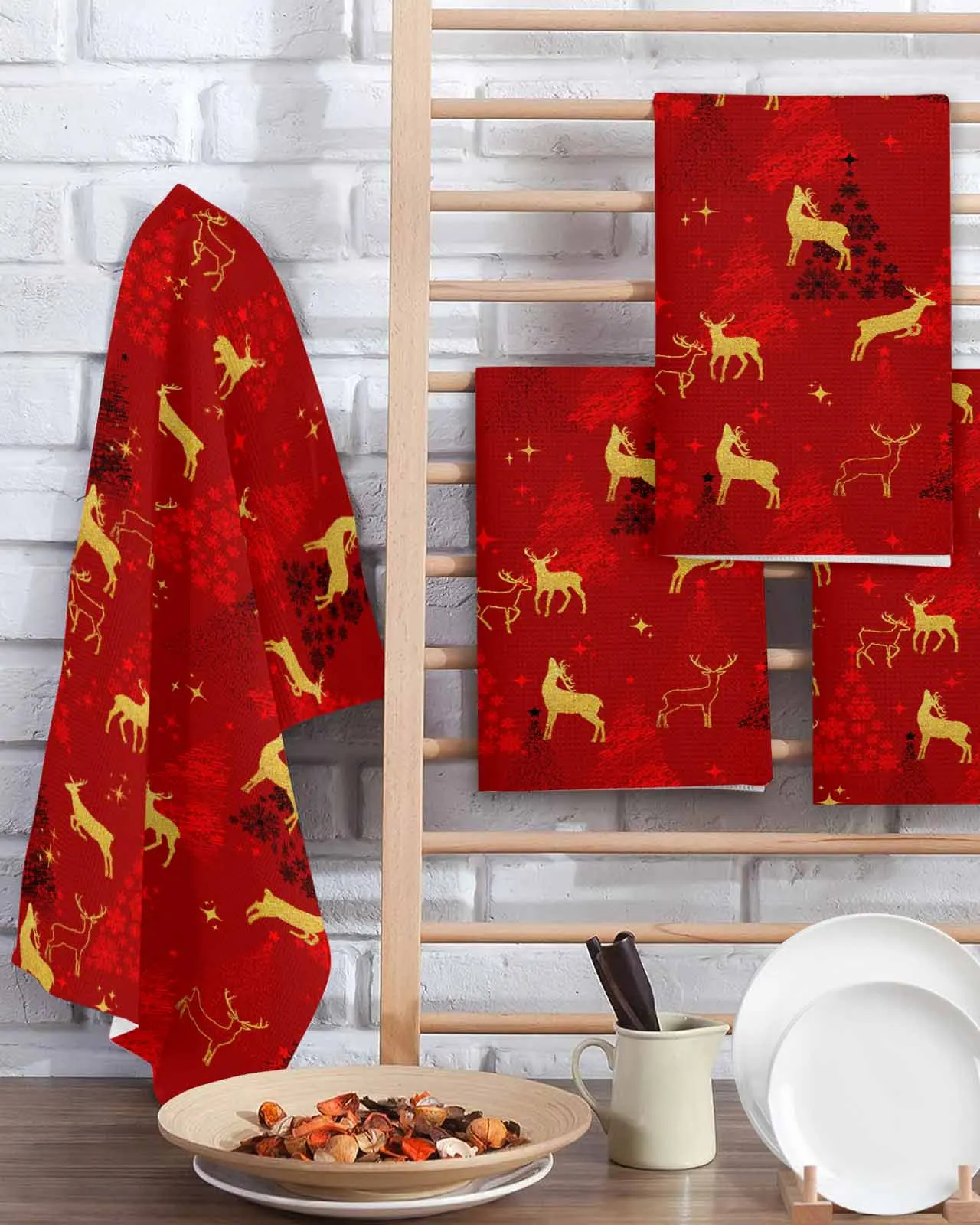 Christmas Deer Christmas Tree Star Red 30*30cm Waffle Microfiber Kitchen Towel Soft Cleaning Cloth Scouring Pad Wiping Rag