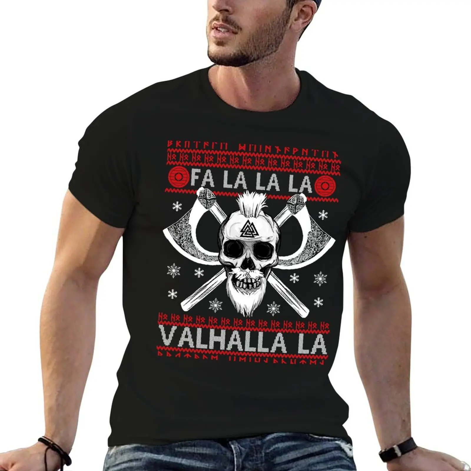 

FA LA LA LA VALHALLA Бородатый череп Valknut Viking Ugly Christmas Свитер Футболка Хлопковая футболка Комплект футболок