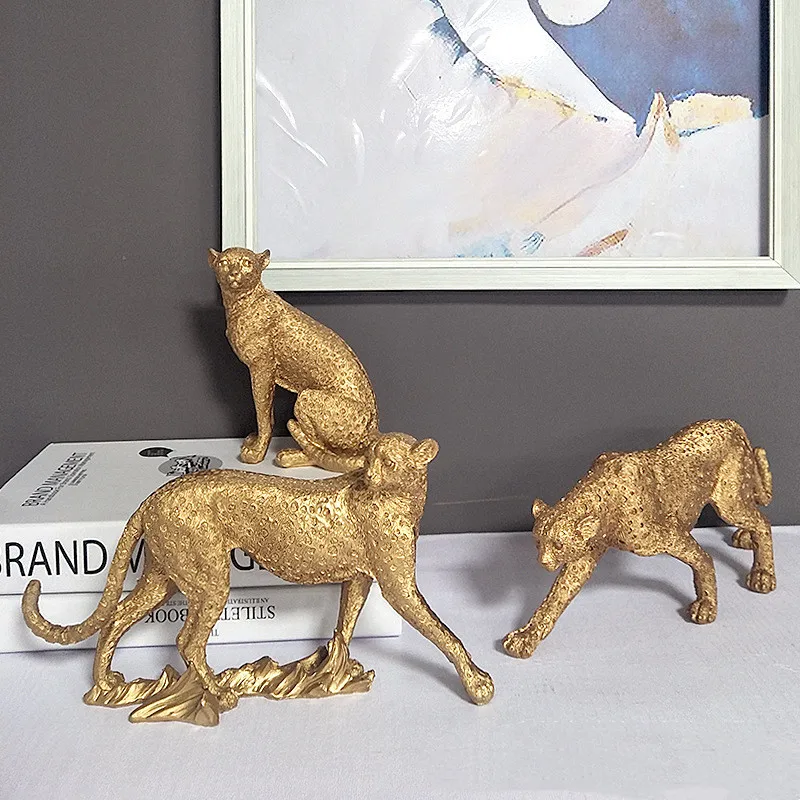 Resin Simulation Animal Sculpture Leopard Cheetah Golden Handicraft Statue Home Decoration Ornaments Figures Accessories