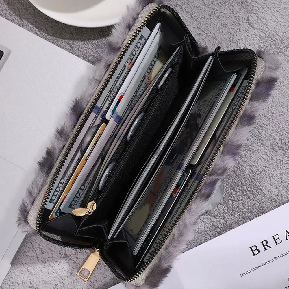 트렌드 플러시 제로 지갑 레오파드 프린트 다기능 카드 가방 휴대용 대용량 지갑