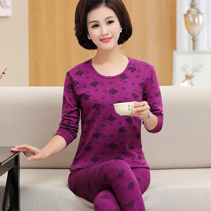 M-4XL Printed 100% Cotton Middle Aged Mother Pajamas Set Plus Size Long Sleeve Autumn Winter Home Suit Women Bottoming Clothes