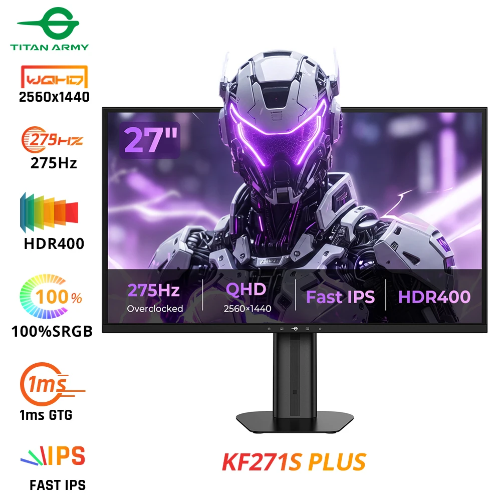 Monitor da gaming TITAN ARMY KF271S PLUS da 27 pollici, 240Hz - QHD Fast IPS, 2560x1440, HDR400, supporto regolabile in altezza, doppie luci RGB sul bordo, DP/HDMI, per eSport competitivi e gaming professionale