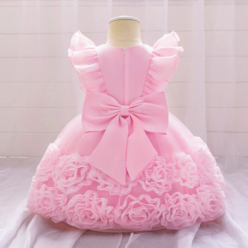 Big Flower Pink 1st Birthday Dress For Baby Girl Clothes Lace Princess Baptism Dress Girls Dresses Party Wedding Gown 0-4 Year