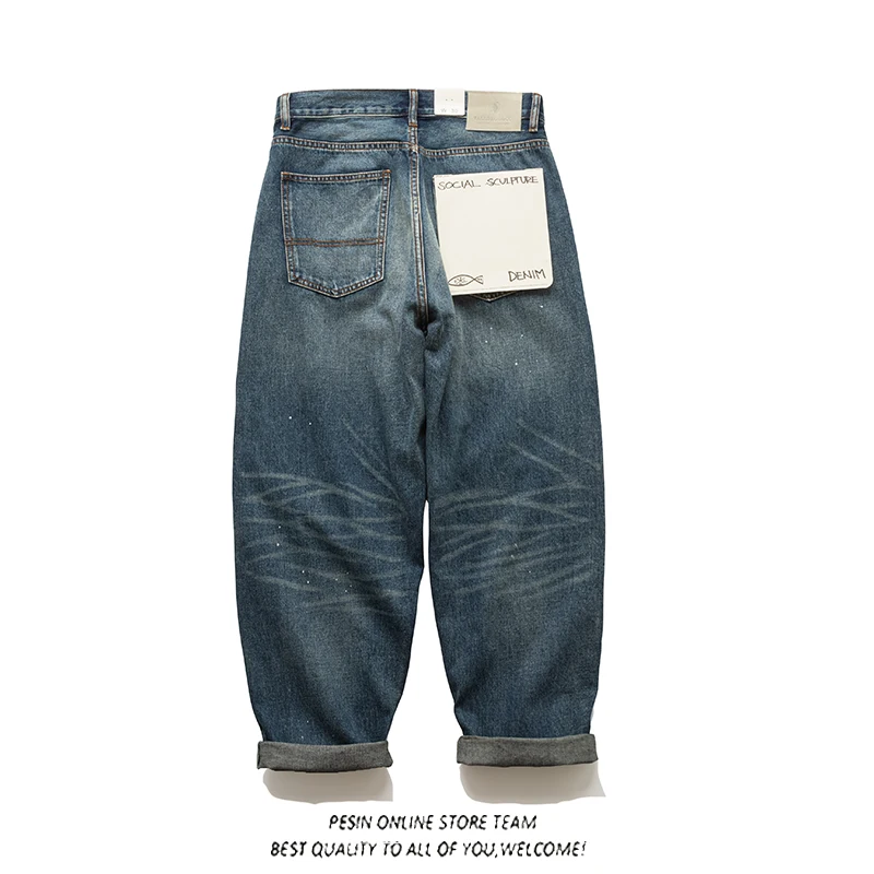 

Retro Japanese Sle Men's Jeans Casual Loose Wide Leg Pants Distred Patchwork Dyed Denim Long Trousers Streetwear