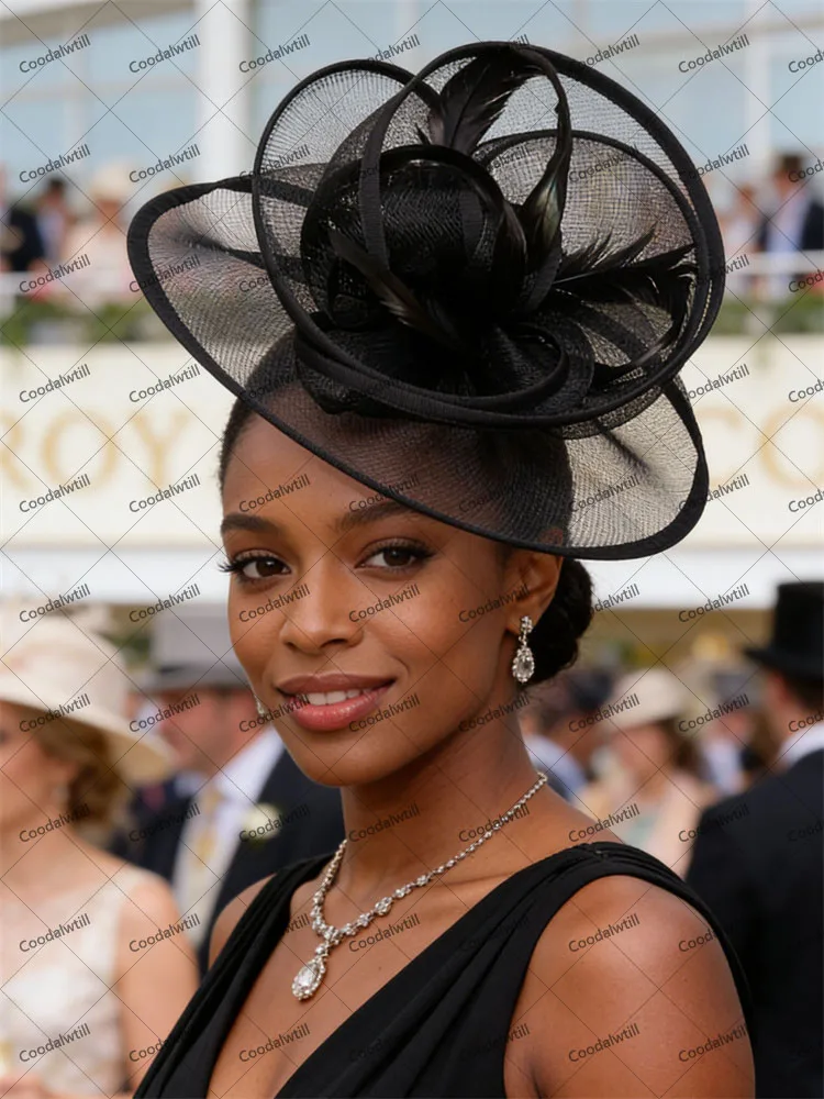 

Black Kentucky Derby Fascinator Hat Ladies Church Wedding Headwear Bride Femme Elegant Pillbox Feather Hair Accessories Headband