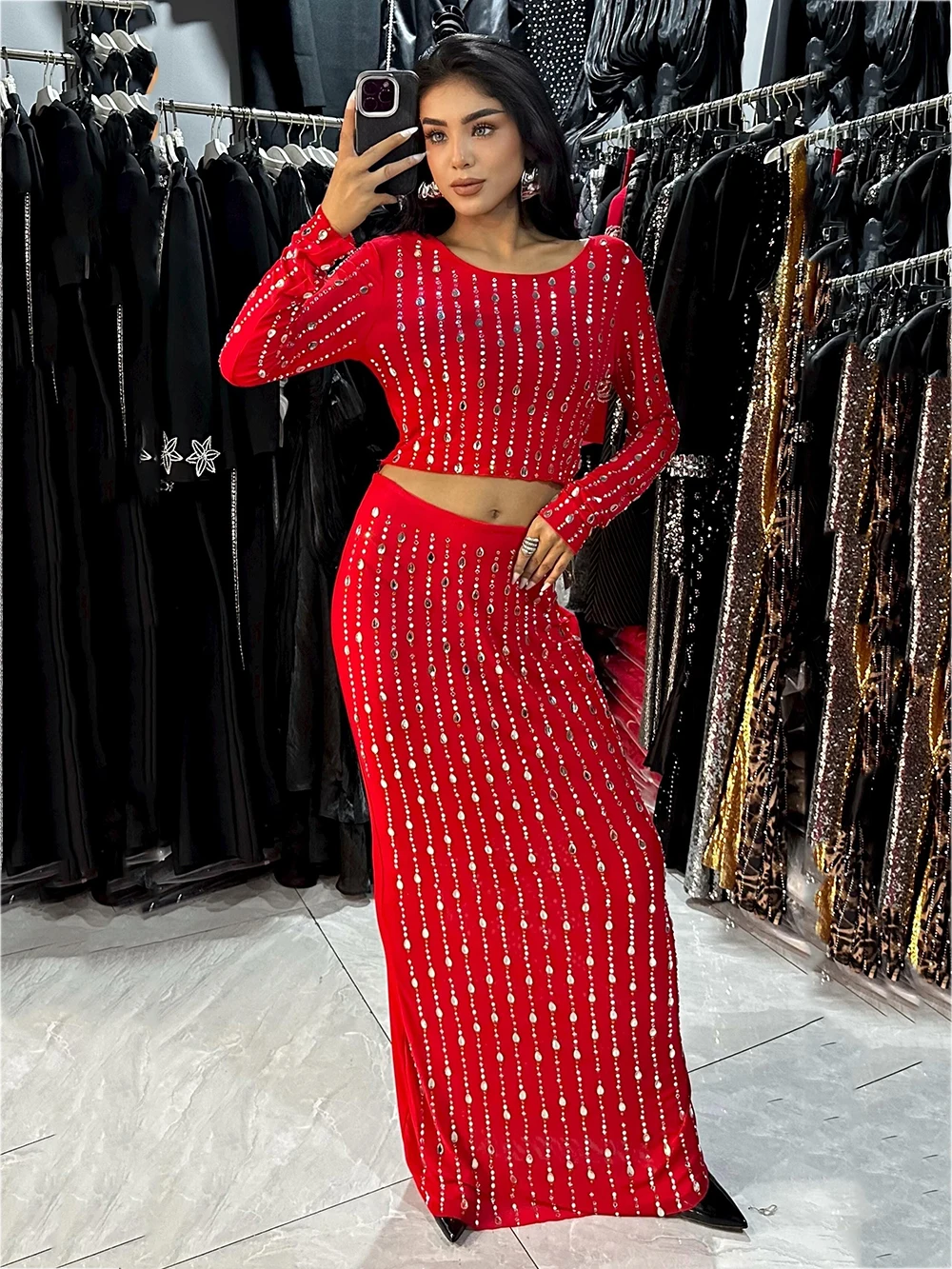 

Осенние европейские и американские высококачественные бандажные вечерние платья с длинными рукавами и бриллиантами для похудения, вечерние платья из двух частей