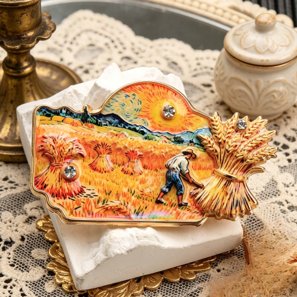 Vintage Oil Painting Art Wheat Field Enamel Brooch "The Reaper" Lapel Pin Rhinestone Jewelry Gift for Women Men Round Badges view 5